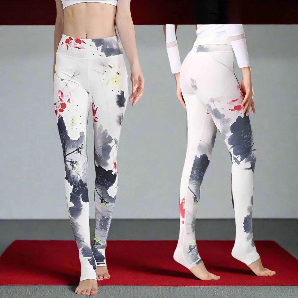 Fit4Goals™ High Waist Yoga Pants - Floral Push Up Leggings for Running - White Lotus - Leggings