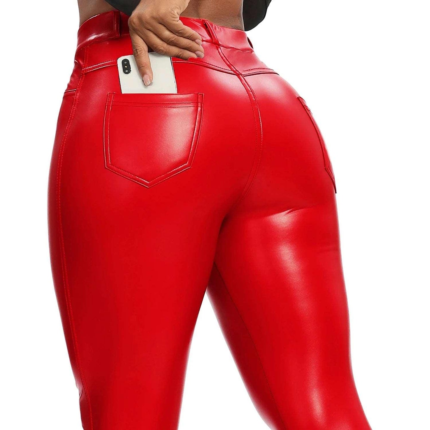 Winter Black Leather Leggings Women Skinny Push Up High Waist Legging Pockets PU Pants Thin Velvet Trousers Stretch Sexy Leggins - Back Pockets Red - LEGGINGS