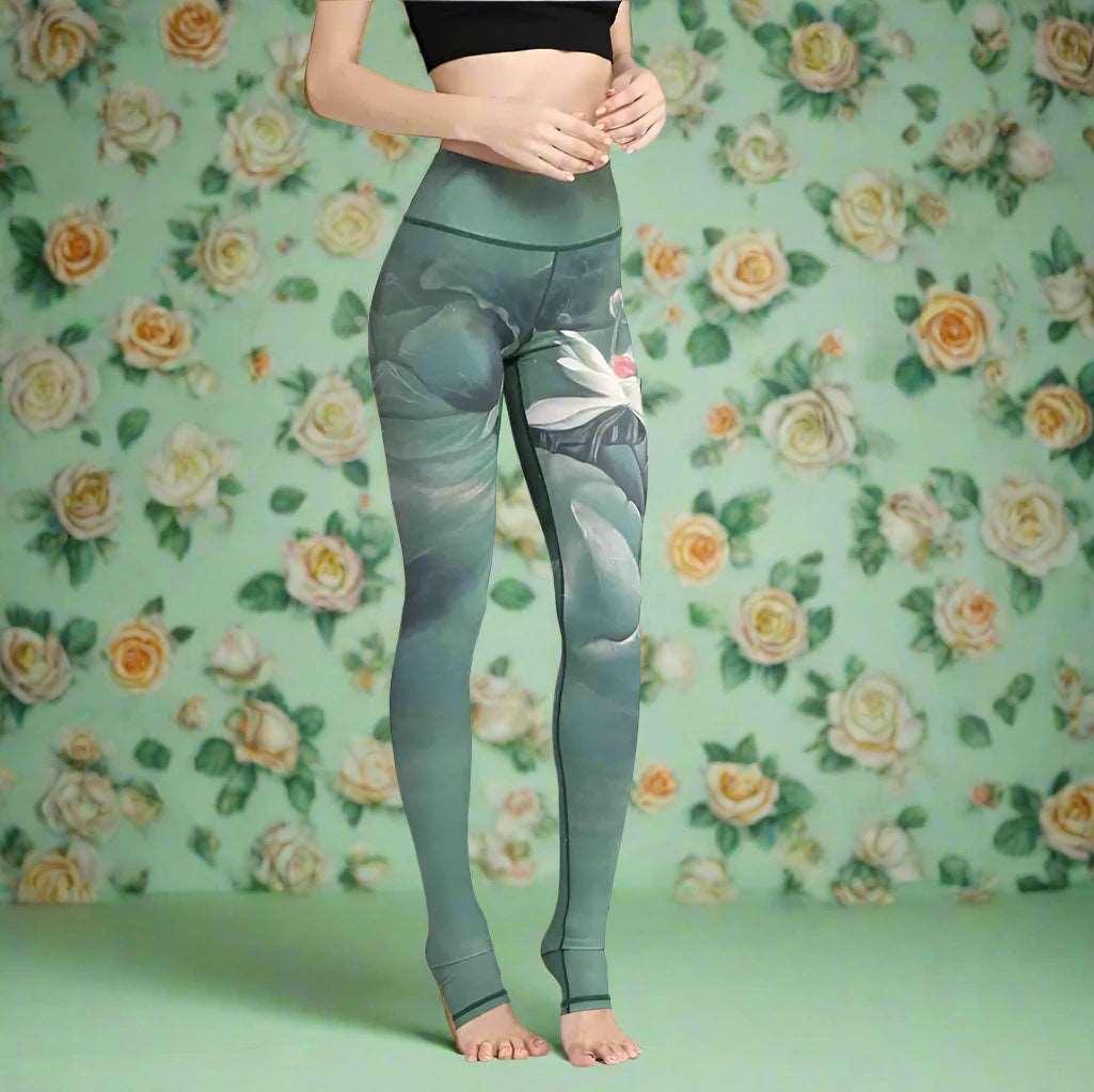 Fit4Goals™ High Waist Yoga Pants - Floral Push Up Leggings for Running - Green Lotus - Leggings