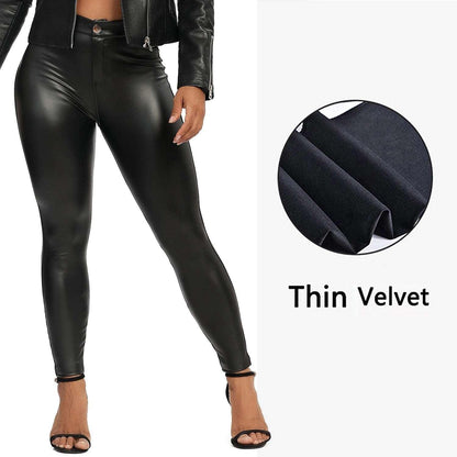 Winter Black Leather Leggings Women Skinny Push Up High Waist Legging Pockets PU Pants Thin Velvet Trousers Stretch Sexy Leggins - - LEGGINGS