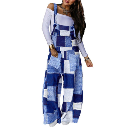 Women Summer Loose Thin Jumpsuits Harem Pants Wide Leg Pants Sleeveless Pockets Bib Jumpsuit Siamese Trousers Large Size S-5XL - B Type Blue White - women's bottom