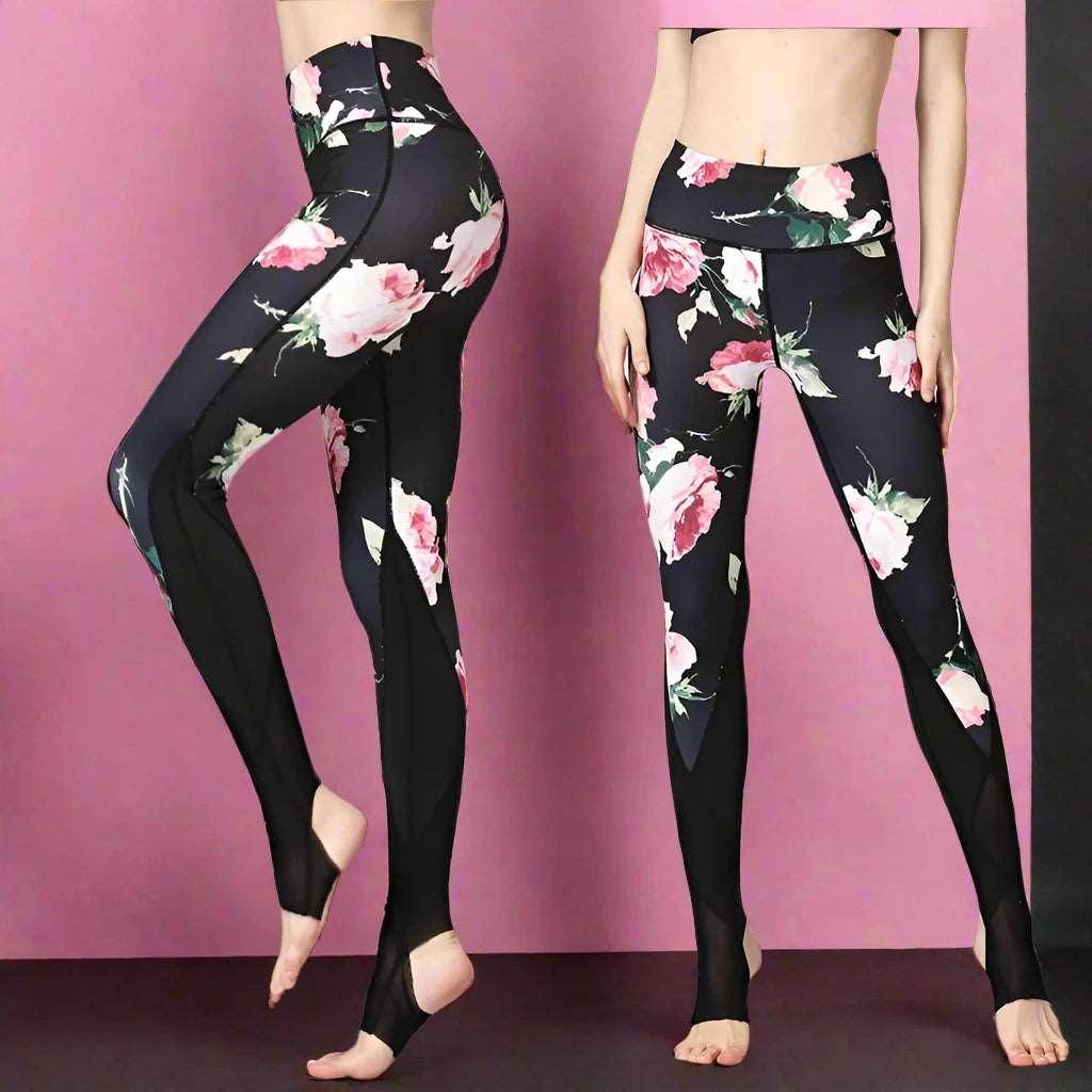 Fit4Goals™ High Waist Yoga Pants - Floral Push Up Leggings for Running - Black Pink Rose - Leggings