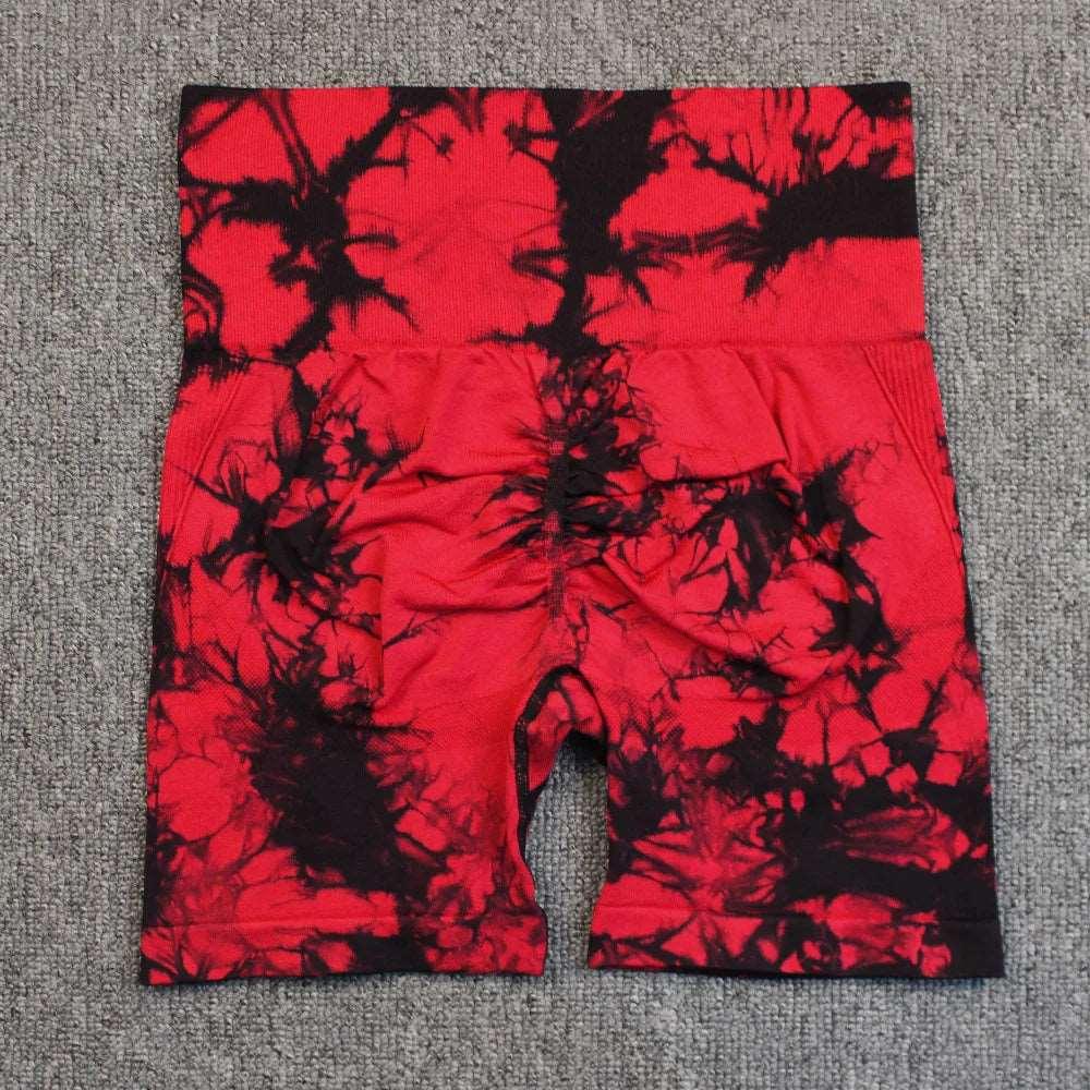 Seamless Tie Dye Sport Shorts For Women Summer Elastic Scrunch High Waist Push Up Tummy Control Gym Fitness Workout Yoga Shorts - ZR-Black Big Red - LEGGINGS