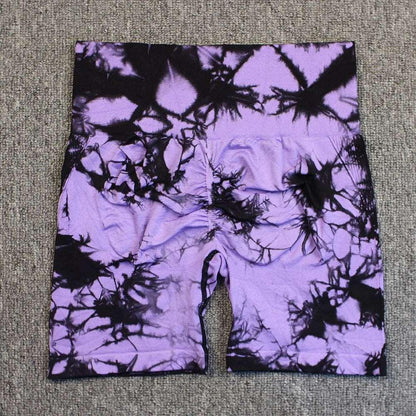 Seamless Tie Dye Sport Shorts For Women Summer Elastic Scrunch High Waist Push Up Tummy Control Gym Fitness Workout Yoga Shorts - ZR-Black Violet - LEGGINGS