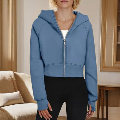 Women's Cropped Zip-Up Hoodie - Soft Fleece for Fall & Winter - Blue - women top woodie