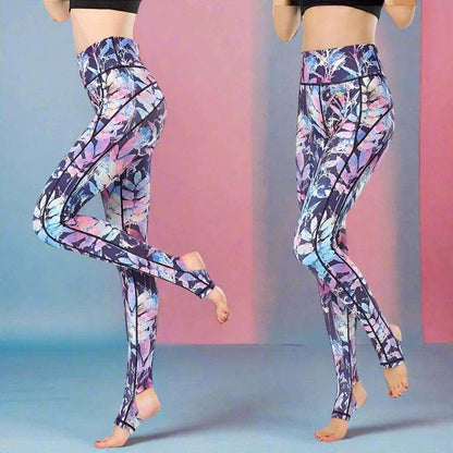 Fit4Goals™ High Waist Yoga Pants - Floral Push Up Leggings for Running - Purple Pink Leaf - Leggings