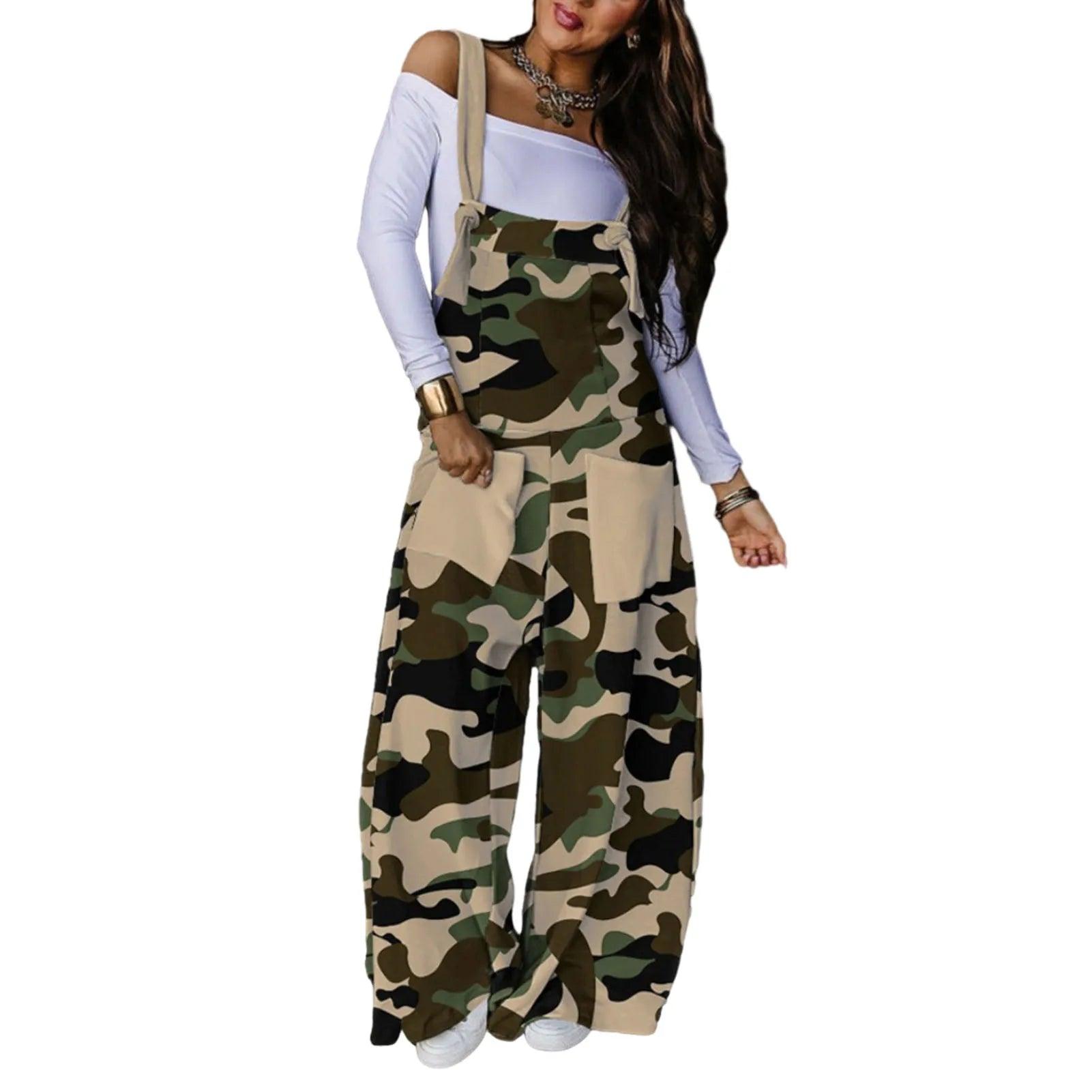 Women Summer Loose Thin Jumpsuits Harem Pants Wide Leg Pants Sleeveless Pockets Bib Jumpsuit Siamese Trousers Large Size S-5XL - B Type Camouflage - women's bottom