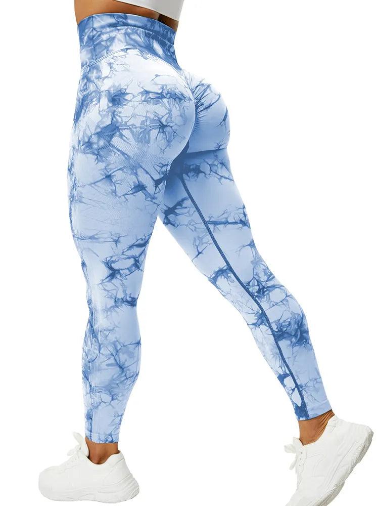 Tie Dye Bliss High Waist Leggings - Athletic and Seamless Gym Style - Light Blue - LEGGINGS