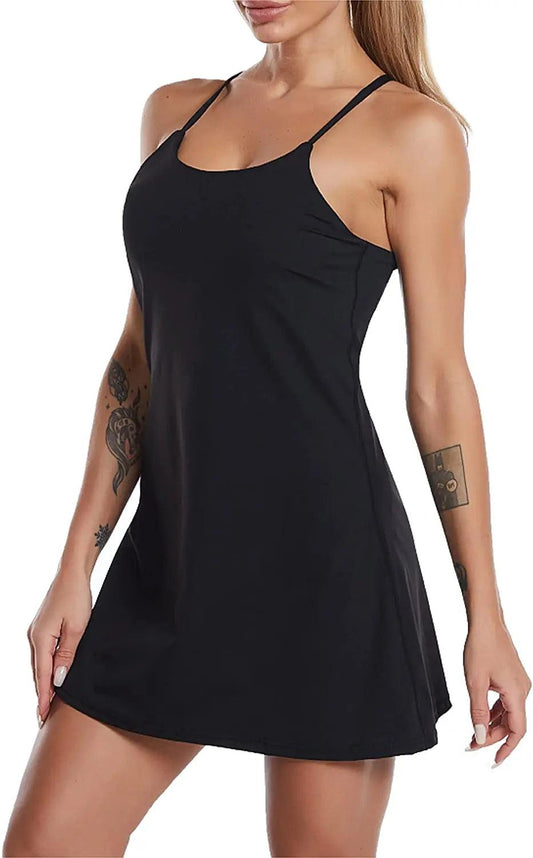 2024 Women's Sports Dress – Built-in Bra, Pockets, and Shorts for Golf, Tennis, and Workouts - black - Activewear Dress