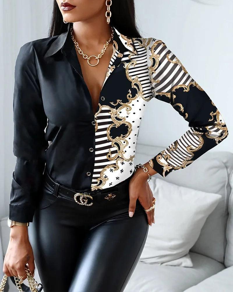 Women's Wild Print Long Sleeve Blouses – Chain, Floral, Geometric - WHITE - Women's Fashion - Women's Clothing - Tops & Tees - Tank Tops