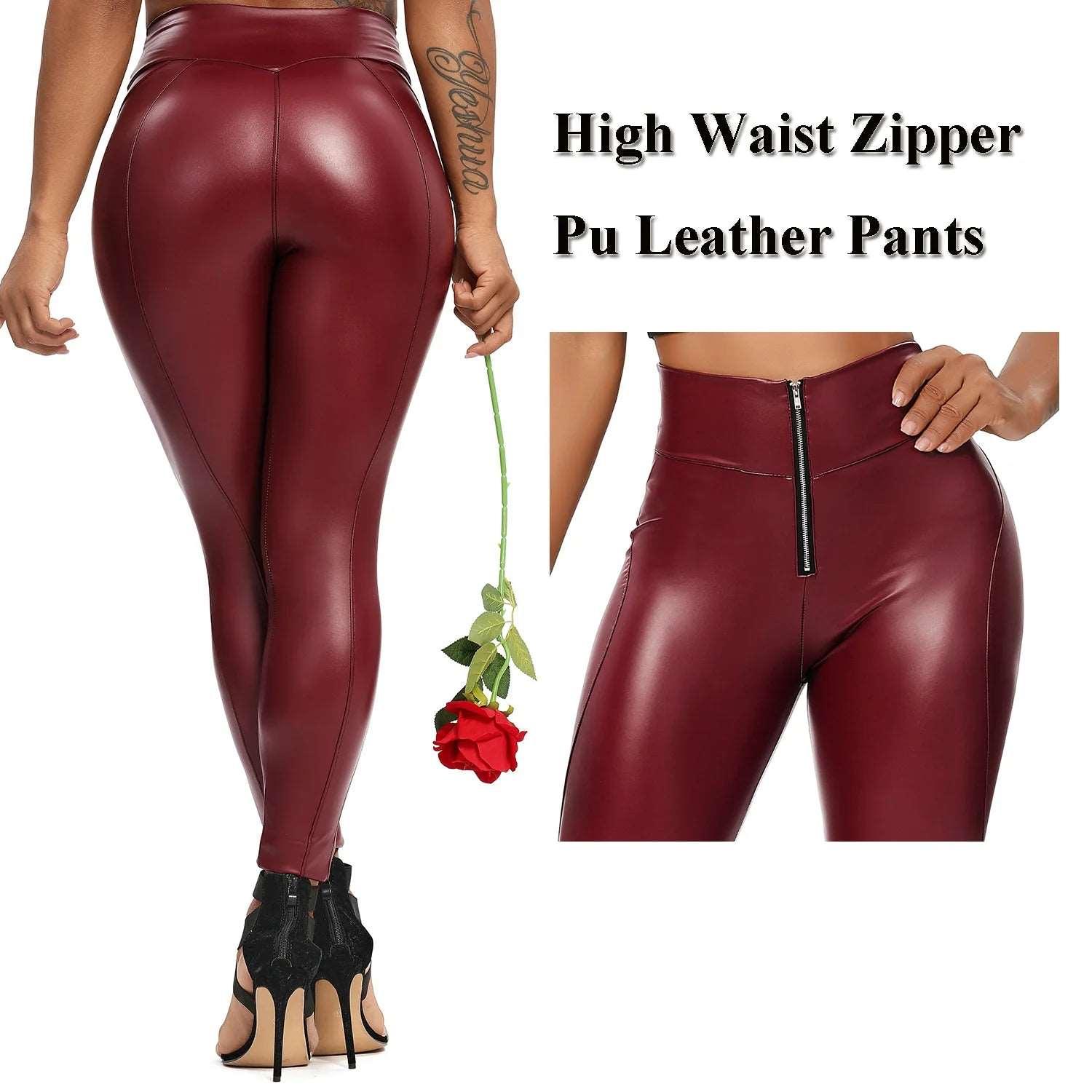 Winter Black Leather Leggings Women Skinny Push Up High Waist Legging Pockets PU Pants Thin Velvet Trousers Stretch Sexy Leggins - Zipper Red - LEGGINGS