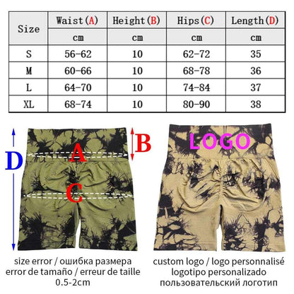 Seamless Tie Dye Sport Shorts For Women Summer Elastic Scrunch High Waist Push Up Tummy Control Gym Fitness Workout Yoga Shorts - - LEGGINGS