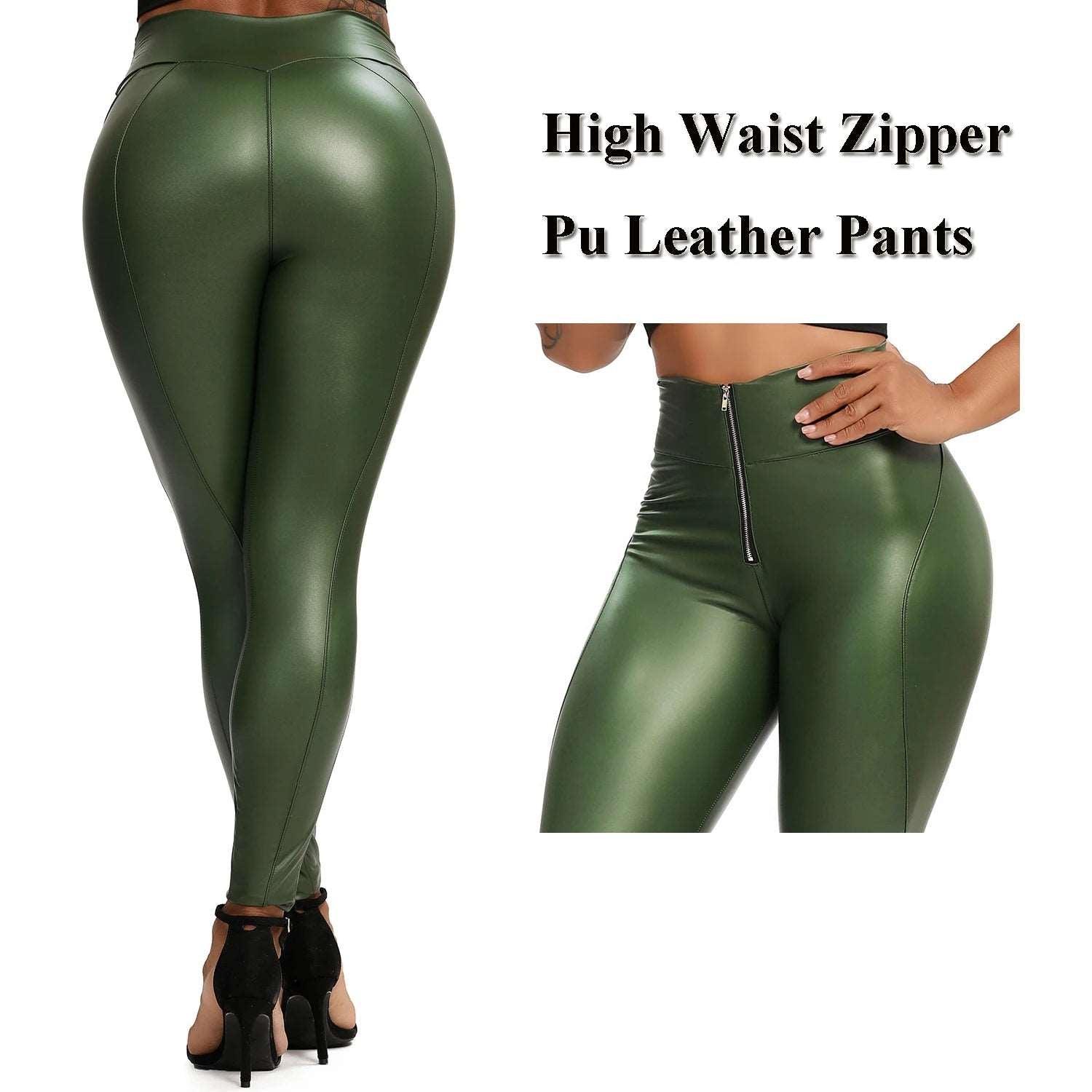 Winter Black Leather Leggings Women Skinny Push Up High Waist Legging Pockets PU Pants Thin Velvet Trousers Stretch Sexy Leggins - Zipper Green - LEGGINGS