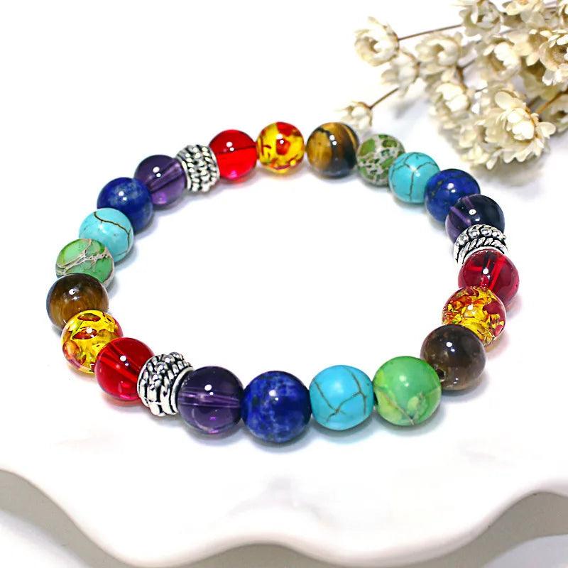 7 Chakra Healing Lava & Tiger Eye Beaded Bracelet - 8MM Unisex Yoga Jewelry - - bracelet