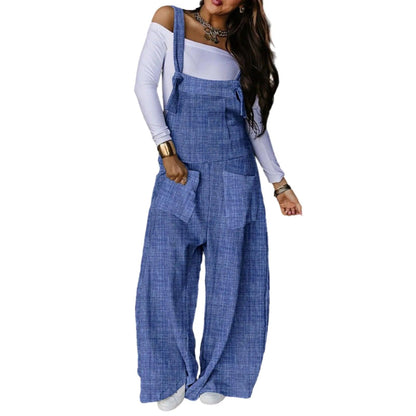 Women Summer Loose Thin Jumpsuits Harem Pants Wide Leg Pants Sleeveless Pockets Bib Jumpsuit Siamese Trousers Large Size S-5XL - B Type Blue - women's bottom