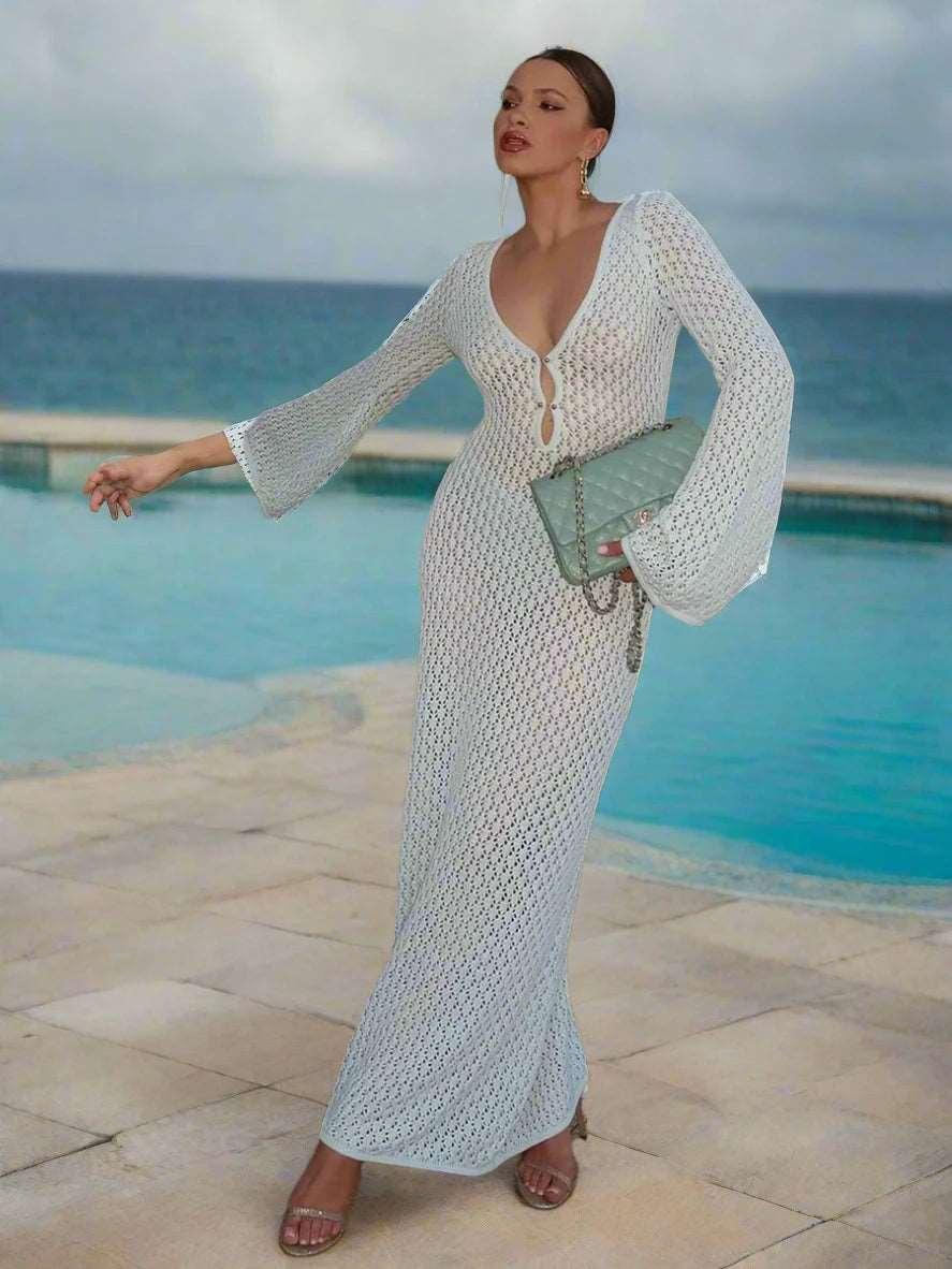 #Sexy #Knit #CoverUp – Women’s White Beach Dress | #VNeck #Backless #HollowOut - - women dress