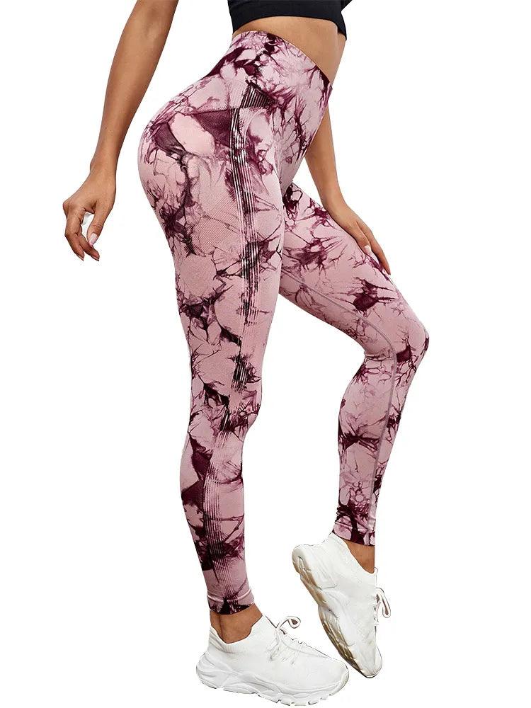 Tie Dye Bliss High Waist Leggings - Athletic and Seamless Gym Style - Wine - LEGGINGS