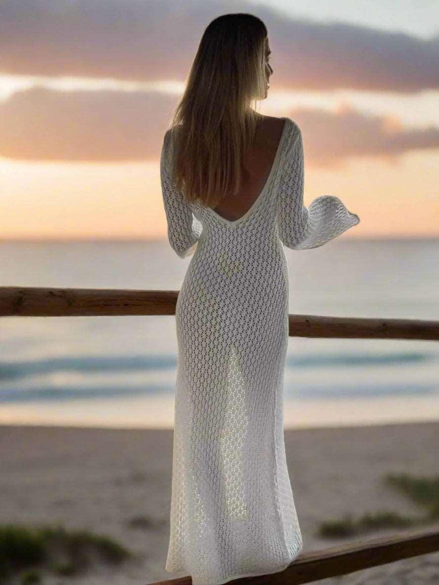 #Sexy #Knit #CoverUp – Women’s White Beach Dress | #VNeck #Backless #HollowOut - - women dress