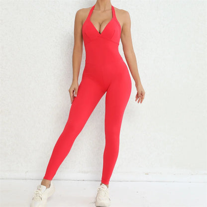 Scrunch Back Halter V-Neck Romper – One-Piece Open-Back Jumpsuit for Women | Yoga & Gym Activewear