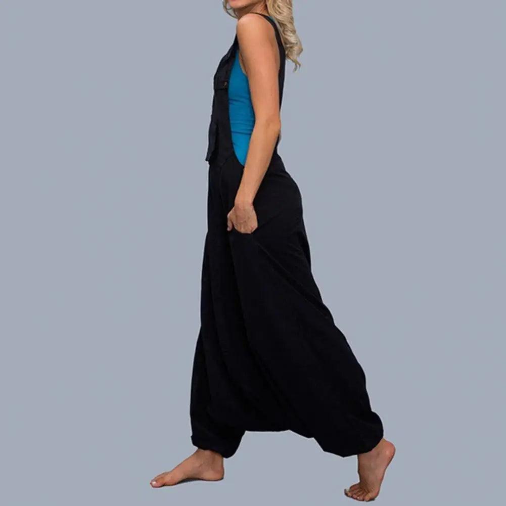 Women Summer Loose Thin Jumpsuits Harem Pants Wide Leg Pants Sleeveless Pockets Bib Jumpsuit Siamese Trousers Large Size S-5XL - - women's bottom