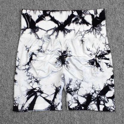 Seamless Tie Dye Sport Shorts For Women Summer Elastic Scrunch High Waist Push Up Tummy Control Gym Fitness Workout Yoga Shorts - ZR-Black White - LEGGINGS