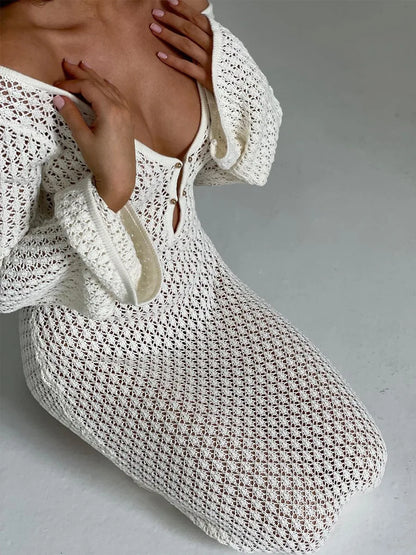 #Sexy #Knit #CoverUp – Women’s White Beach Dress | #VNeck #Backless #HollowOut