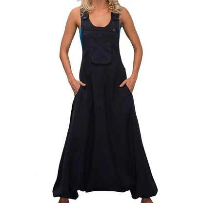 Women Summer Loose Thin Jumpsuits Harem Pants Wide Leg Pants Sleeveless Pockets Bib Jumpsuit Siamese Trousers Large Size S-5XL - Black - women's bottom