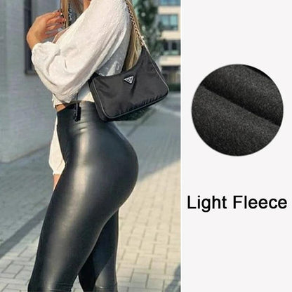 Chic Black Leather Skinny Leggings with High Waist and Shaping Effect - Light Fleece - leggings