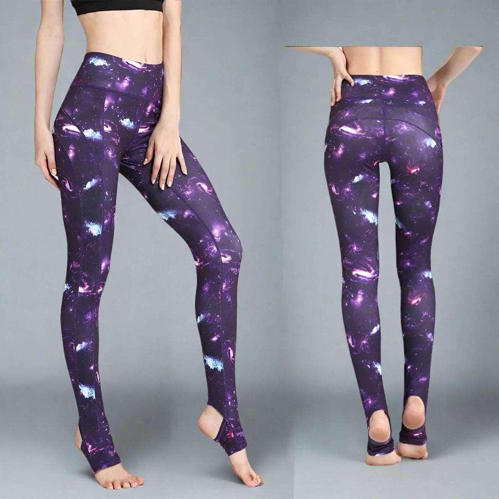 Fit4Goals™ High Waist Yoga Pants - Floral Push Up Leggings for Running - Purple Galaxy - Leggings