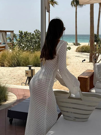 #Sexy #Knit #CoverUp – Women’s White Beach Dress | #VNeck #Backless #HollowOut