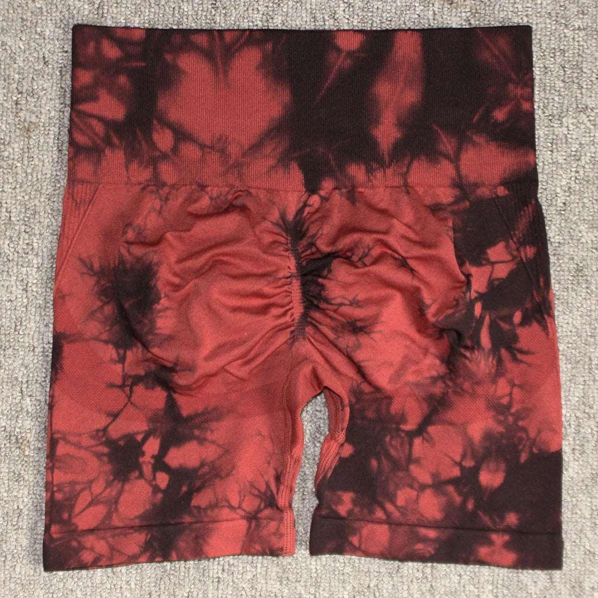 Seamless Tie Dye Sport Shorts For Women Summer Elastic Scrunch High Waist Push Up Tummy Control Gym Fitness Workout Yoga Shorts - ZR-Black Carmine - LEGGINGS