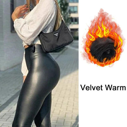 Chic Black Leather Skinny Leggings with High Waist and Shaping Effect - Velvet Warm - leggings