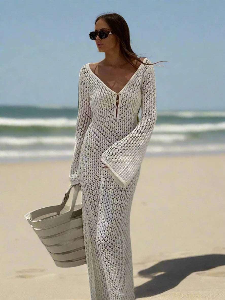 #Sexy #Knit #CoverUp – Women’s White Beach Dress | #VNeck #Backless #HollowOut - - women dress