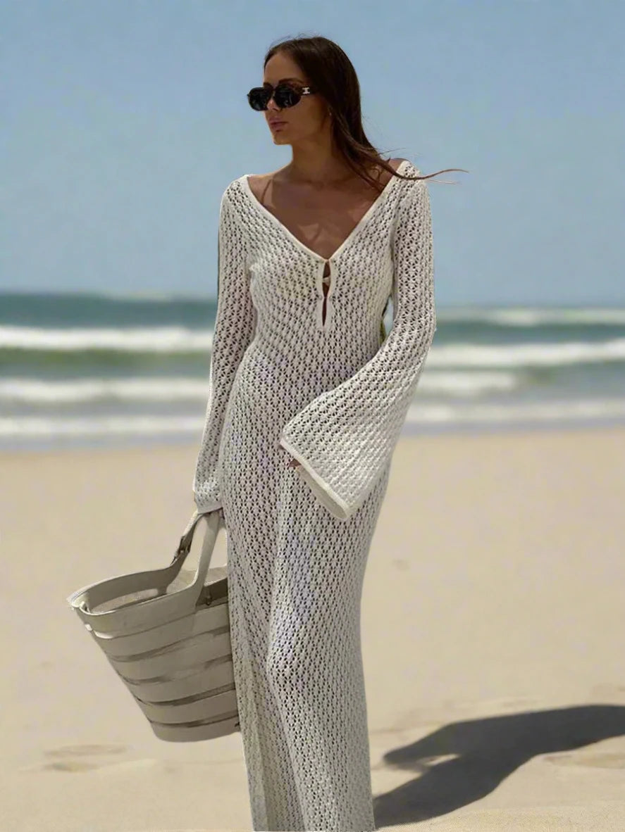 #Sexy #Knit #CoverUp – Women’s White Beach Dress | #VNeck #Backless #HollowOut