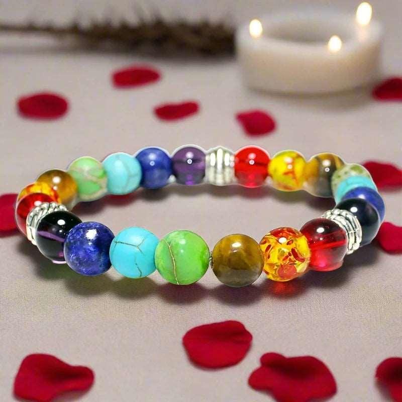 7 Chakra Healing Lava & Tiger Eye Beaded Bracelet - 8MM Unisex Yoga Jewelry - 01 - bracelet