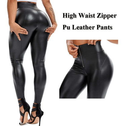 Winter Black Leather Leggings Women Skinny Push Up High Waist Legging Pockets PU Pants Thin Velvet Trousers Stretch Sexy Leggins - Zipper Black - LEGGINGS