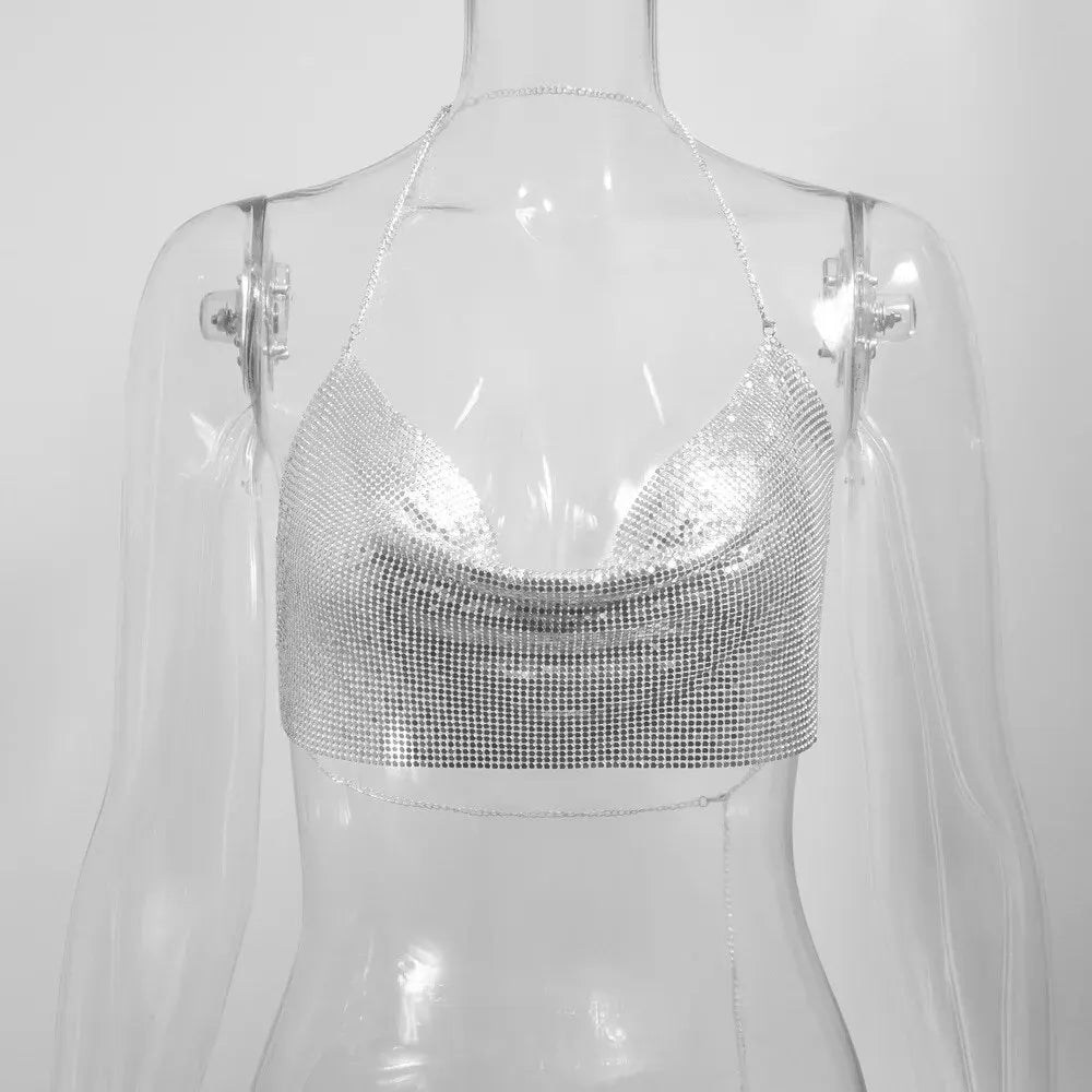 Sexy Sequin Halter Crop Top – Backless Metallic Y2K Clubwear for Women - Silver One Size - clothing top