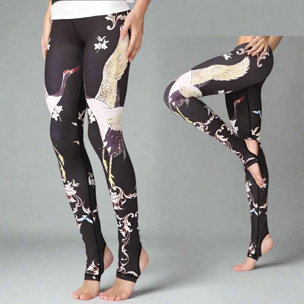 Fit4Goals™ High Waist Yoga Pants - Floral Push Up Leggings for Running - Black Gold Crane - Leggings