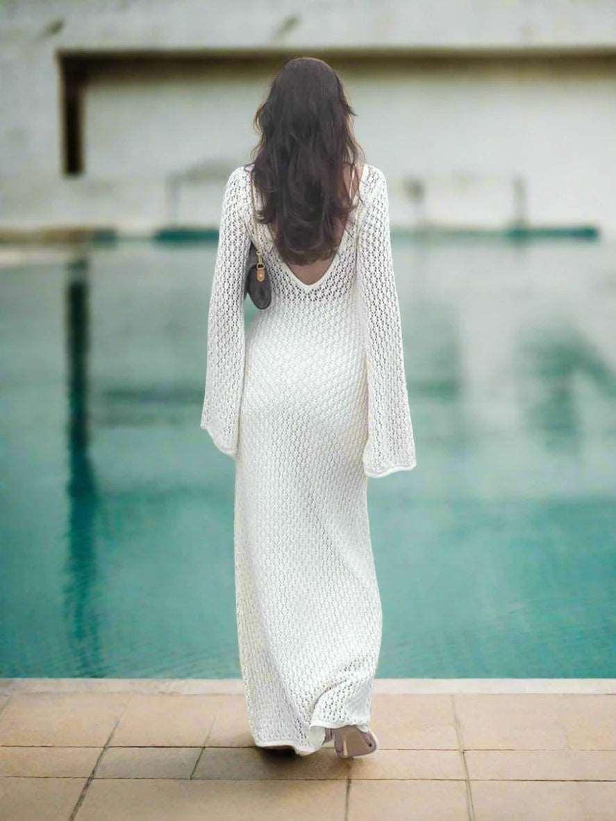 #Sexy #Knit #CoverUp – Women’s White Beach Dress | #VNeck #Backless #HollowOut - - women dress