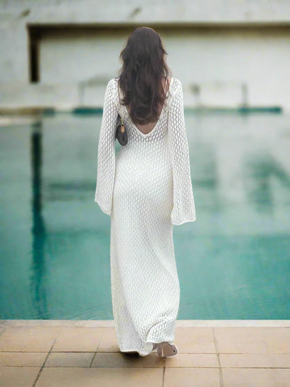 #Sexy #Knit #CoverUp – Women’s White Beach Dress | #VNeck #Backless #HollowOut