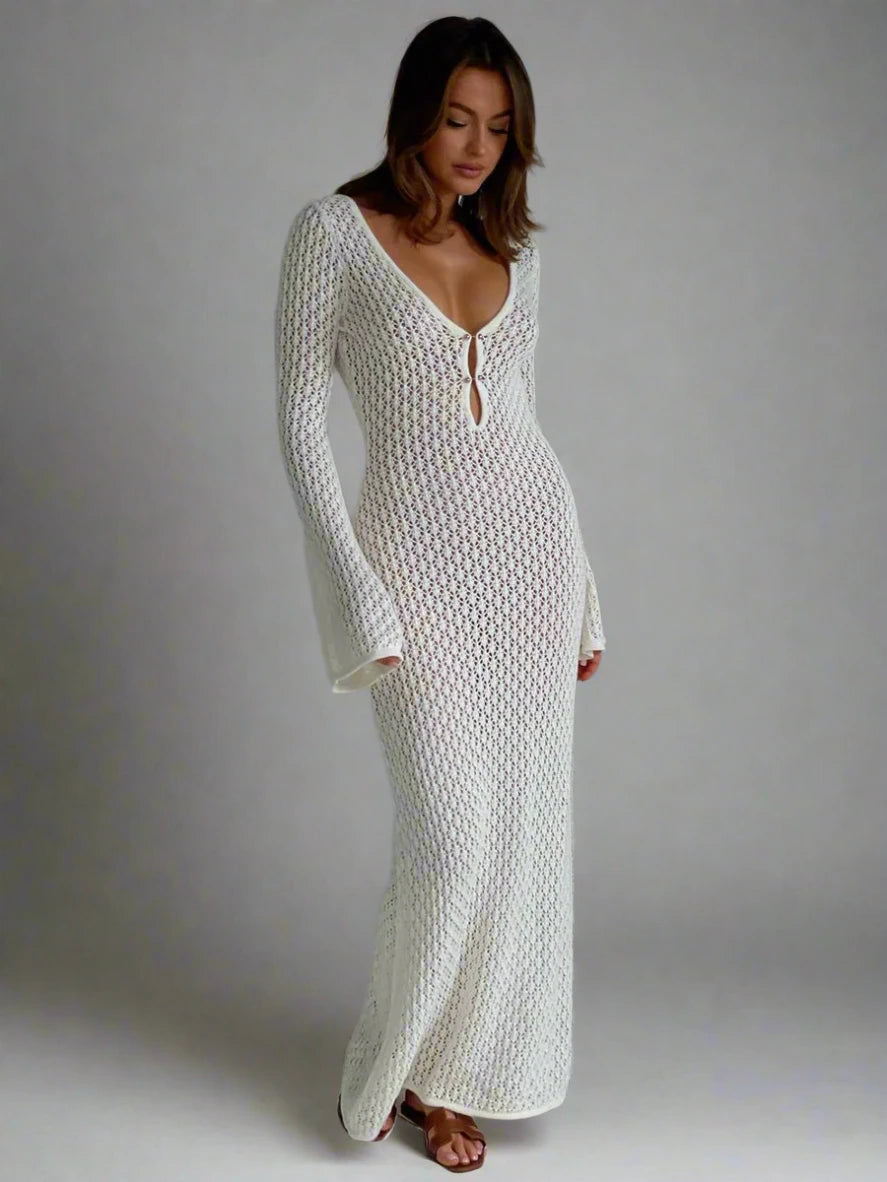 #Sexy #Knit #CoverUp – Women’s White Beach Dress | #VNeck #Backless #HollowOut