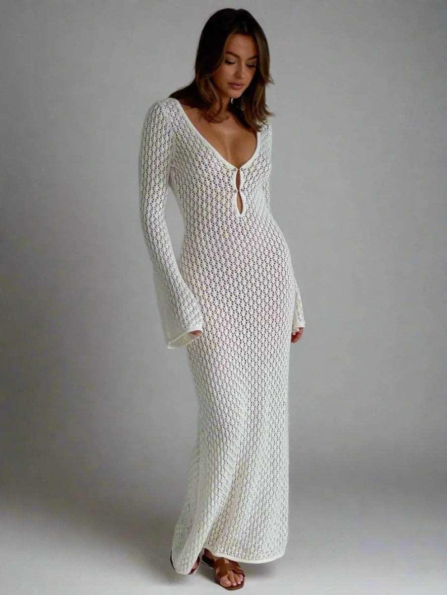 #Sexy #Knit #CoverUp – Women’s White Beach Dress | #VNeck #Backless #HollowOut - - women dress