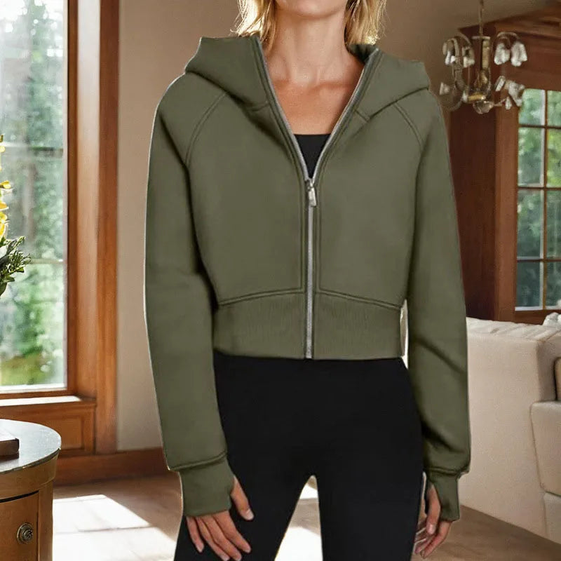 Women's Cropped Zip-Up Hoodie - Soft Fleece for Fall & Winter - army green - women top woodie