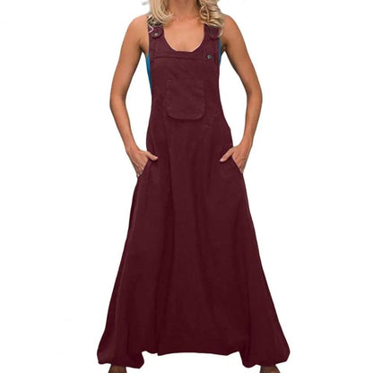 Women Summer Loose Thin Jumpsuits Harem Pants Wide Leg Pants Sleeveless Pockets Bib Jumpsuit Siamese Trousers Large Size S-5XL - Wine Red - women's bottom