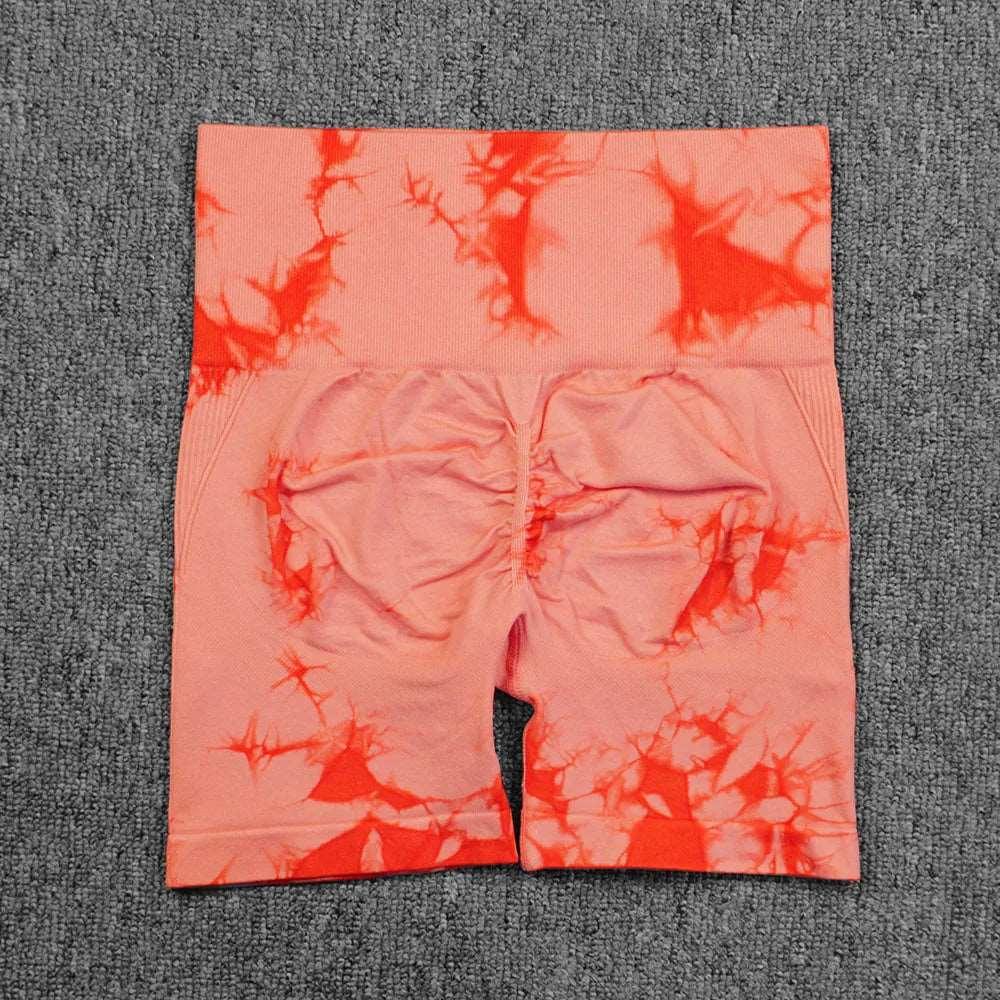 Seamless Tie Dye Sport Shorts For Women Summer Elastic Scrunch High Waist Push Up Tummy Control Gym Fitness Workout Yoga Shorts - ZR-Orange - LEGGINGS