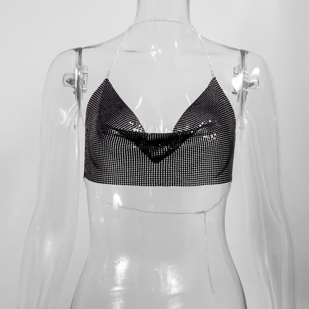 Sexy Sequin Halter Crop Top – Backless Metallic Y2K Clubwear for Women - Black One Size - clothing top