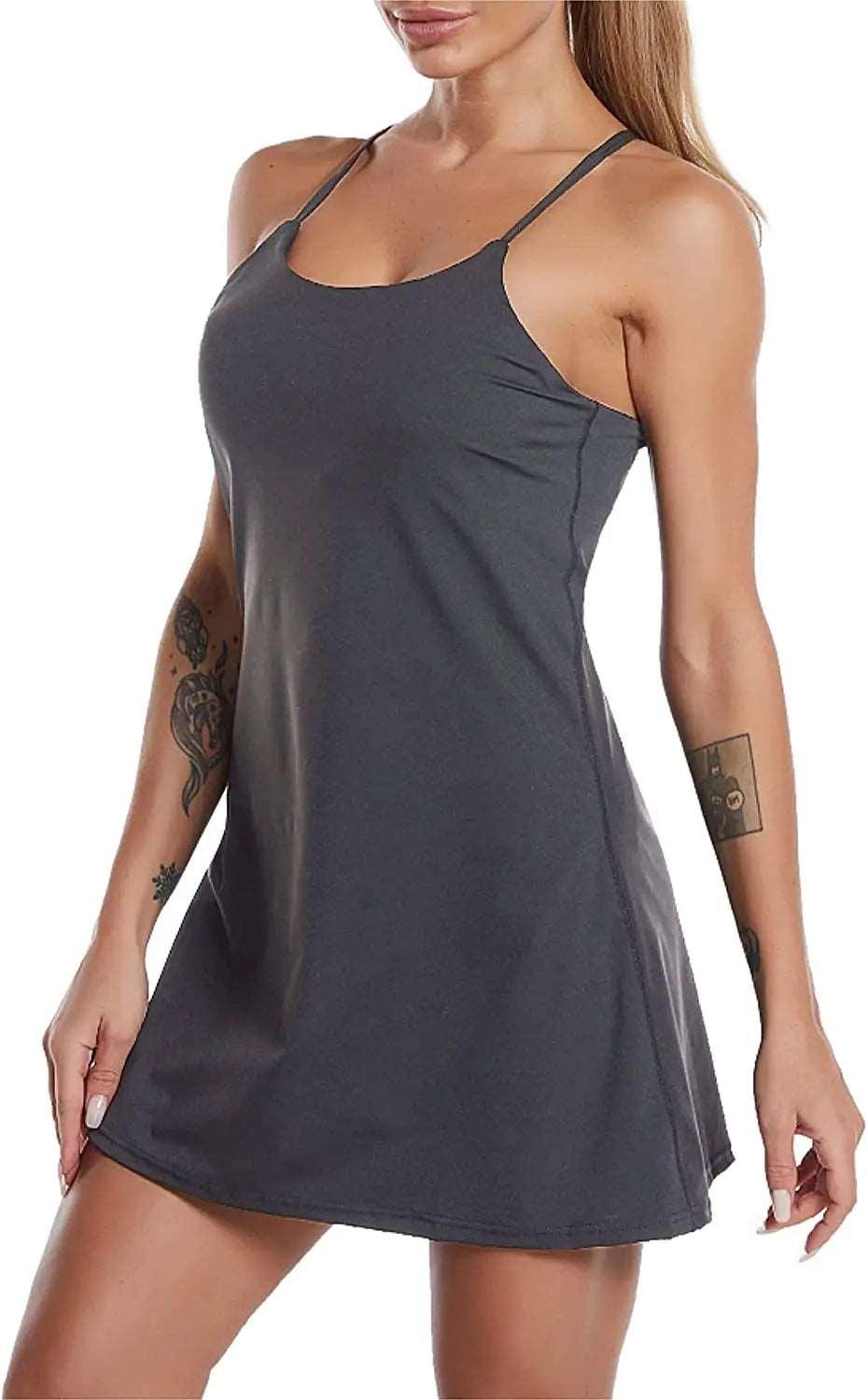 2024 Women's Sports Dress – Built-in Bra, Pockets, and Shorts for Golf, Tennis, and Workouts - - Activewear Dress