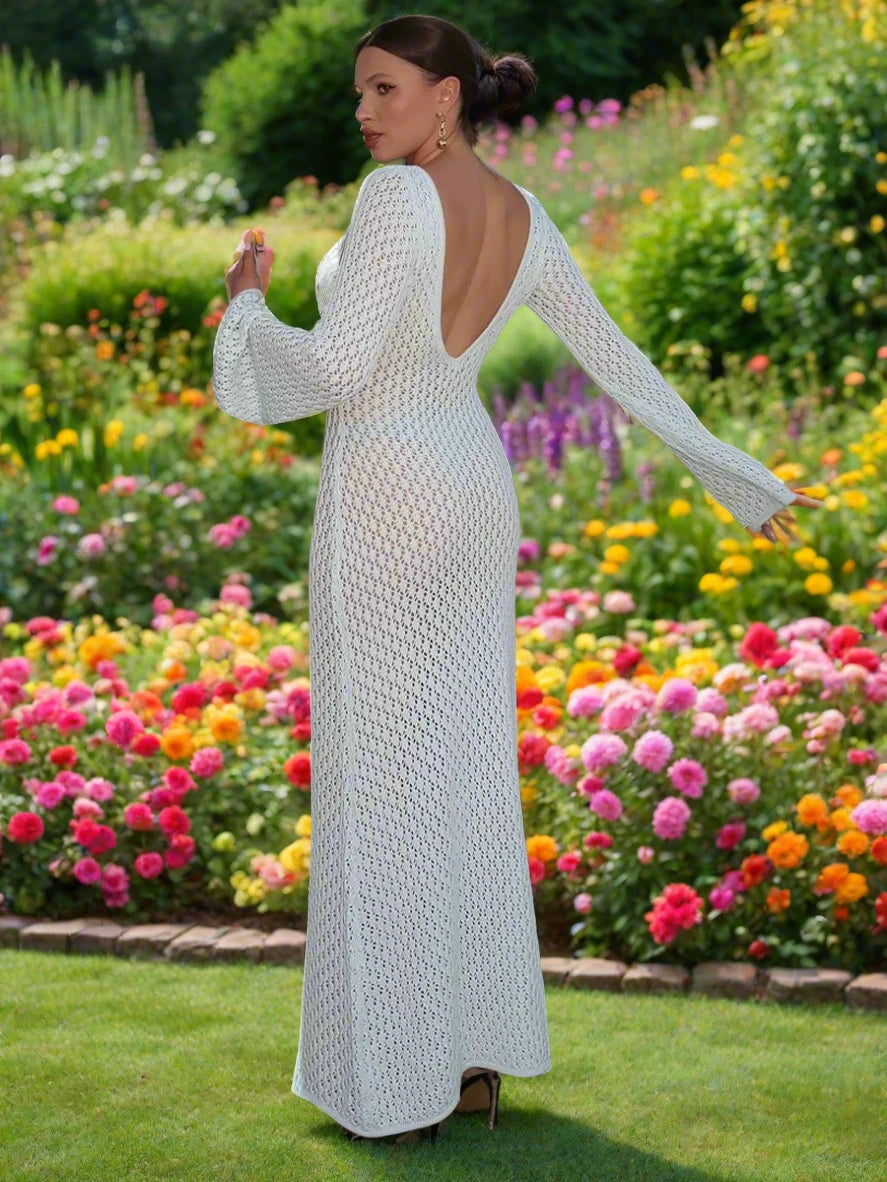 #Sexy #Knit #CoverUp – Women’s White Beach Dress | #VNeck #Backless #HollowOut