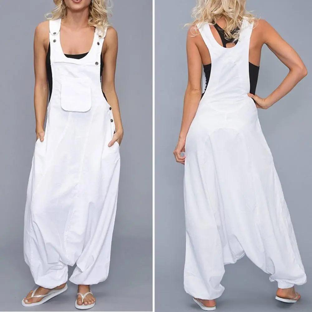 Women Summer Loose Thin Jumpsuits Harem Pants Wide Leg Pants Sleeveless Pockets Bib Jumpsuit Siamese Trousers Large Size S-5XL - - women's bottom