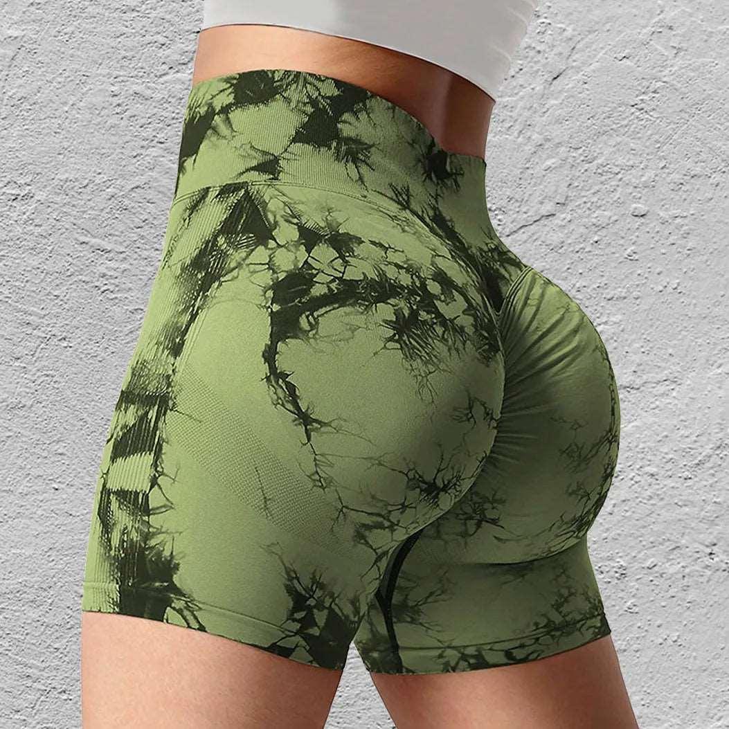 Seamless Tie Dye Sport Shorts For Women Summer Elastic Scrunch High Waist Push Up Tummy Control Gym Fitness Workout Yoga Shorts - - LEGGINGS